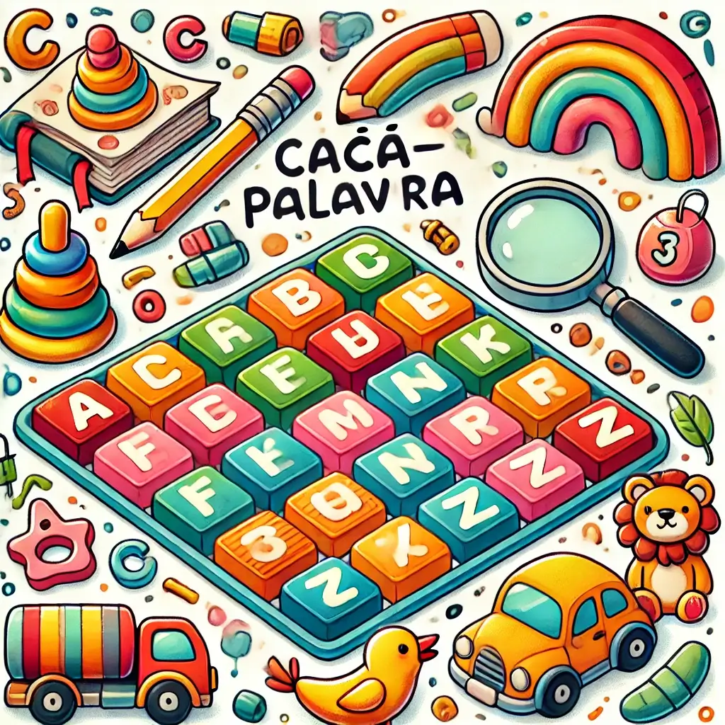 Tabuleiro gigante de caça-palavras para crianças, com letras grandes e brinquedos ao redor. Perfeito para atividades educativas ao ar livre.
