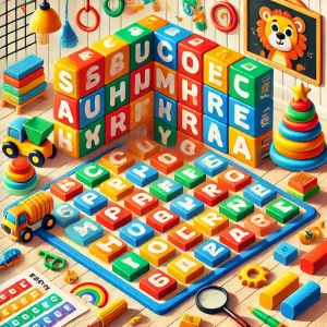Sala de jogos infantis com um caça-palavras gigante na parede e brinquedos educativos. Ideal para aprendizado interativo e estimulação cognitiva