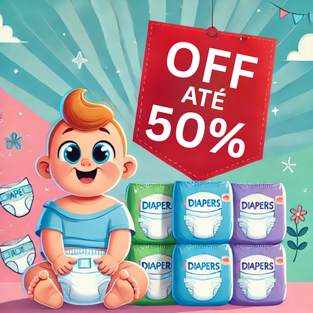 Promoção de fraldas com até 450% de desconto, mostrando um bebê sorrindo ao lado de pilhas de fraldas e uma grande etiqueta vermelha destacando a oferta.