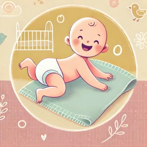 lustração de um bebê sorridente brincando sem fralda sobre um cobertor macio.