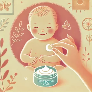 Ilustração de uma mãe aplicando pomada protetora na pele do bebê durante a troca de fralda