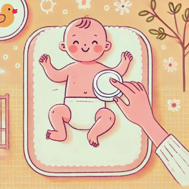 Ilustração de uma mãe trocando a fralda do bebê em um ambiente aconchegante.