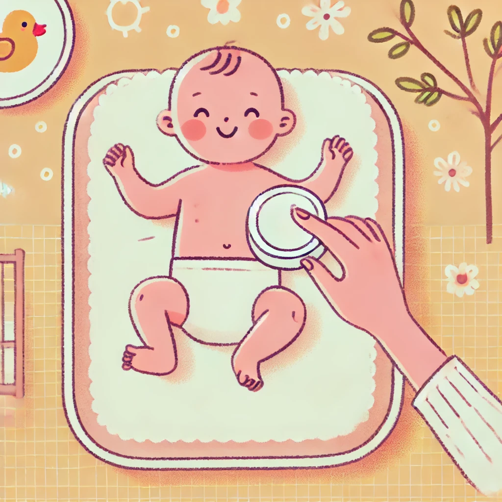 Ilustração de uma mãe trocando a fralda do bebê em um ambiente aconchegante.