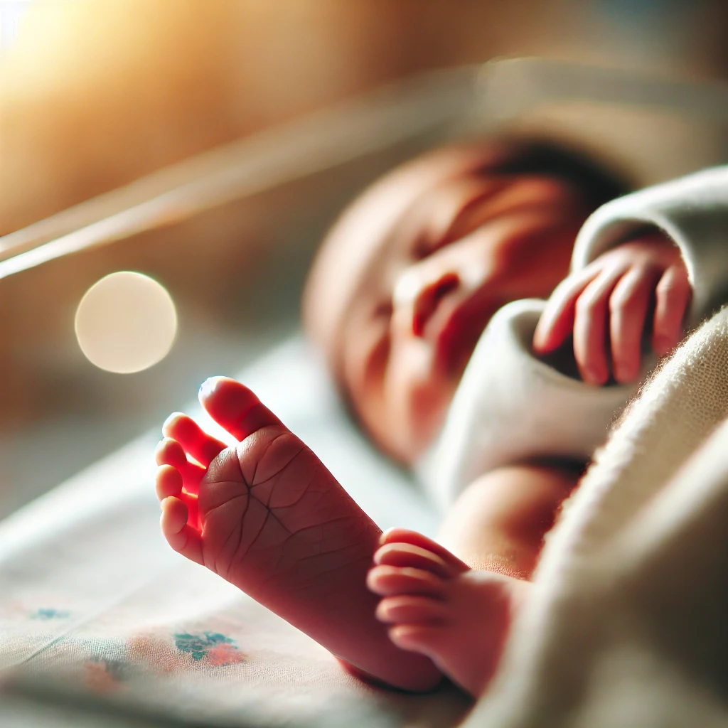 Close-up de um bebê recém-nascido com foco nos pés e parte dos braços, sem mostrar o rosto, em um ambiente de maternidade acolhedor