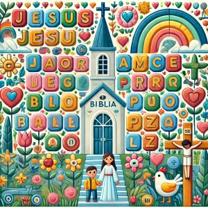 Caça-palavras bíblico com letras coloridas formando palavras cristãs ao lado de uma igreja e crianças estudando a Bíblia. Jogo interativo para ensino religioso.