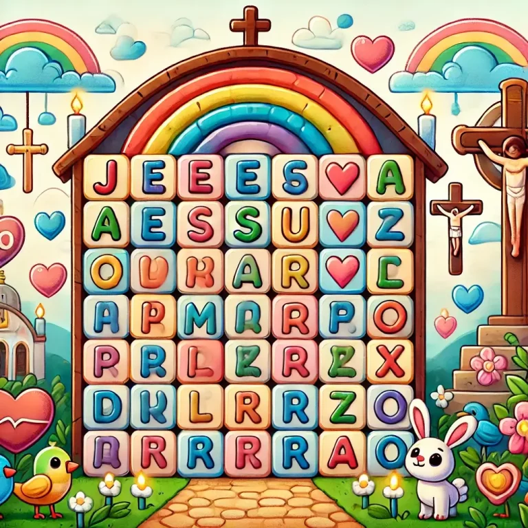 Tabuleiro de caça-palavras bíblico ilustrado com arco-íris, igreja e cruz. Desafio perfeito para reforçar o aprendizado sobre versículos e ensinamentos cristãos.