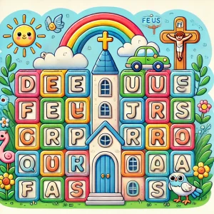 Jogo de caça-palavras bíblico com letras grandes ao lado de uma igreja. Uma forma divertida e interativa de aprender sobre Deus e as Escrituras
