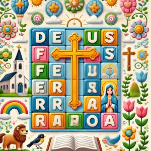 Caça-palavras bíblico com uma cruz dourada no centro e palavras religiosas escondidas. Jogo educativo para fortalecer a fé e estudar ensinamentos cristãos