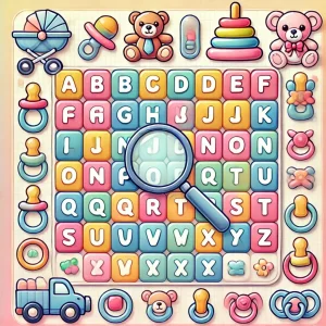 Caça-palavras infantil com letras grandes e ilustrações coloridas. Jogo educativo para estimular o aprendizado e a alfabetização das crianças