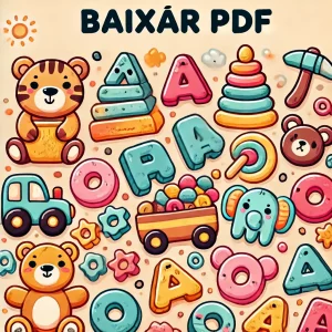 Ilustração fofa e colorida de caça-palavras para imprimir em PDF. Mostra uma pilha de folhas impressas com jogos educativos para crianças e adultos."