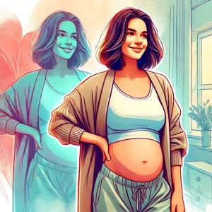Ilustração estilizada de mulher grávida sorrindo, representando a confiança durante a gestação e a futura transformação com a cirurgia plástica.