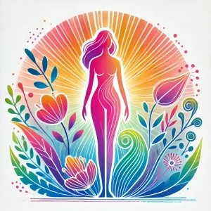 Ilustração abstrata de mulher rodeada por símbolos de natureza, representando a recuperação estética com cirurgia plástica após a gravidez.