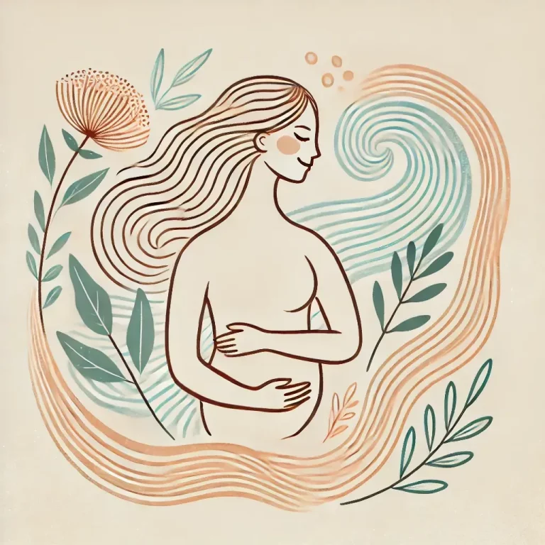 Ilustração de mulher caminhando em um jardim, simbolizando a recuperação física e emocional através da cirurgia plástica pós-gravidez.