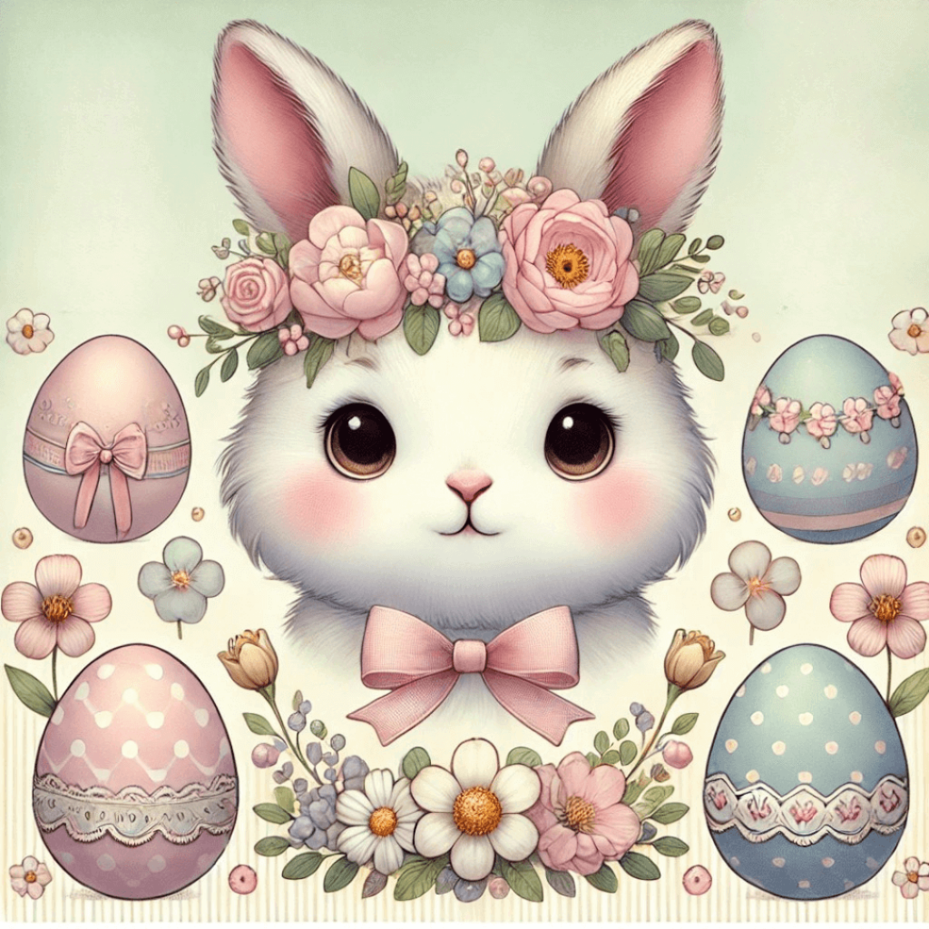 Coelhinho de Páscoa vintage com coroa de flores e ovos decorados em tons pastel.