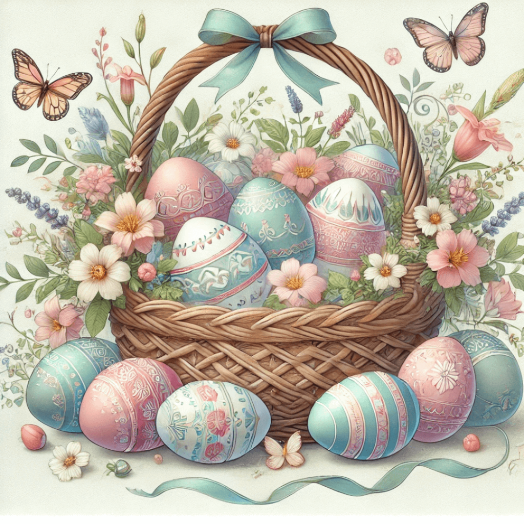 Família de coelhinhos de Páscoa vintage ao lado de ovos decorados e flores.
