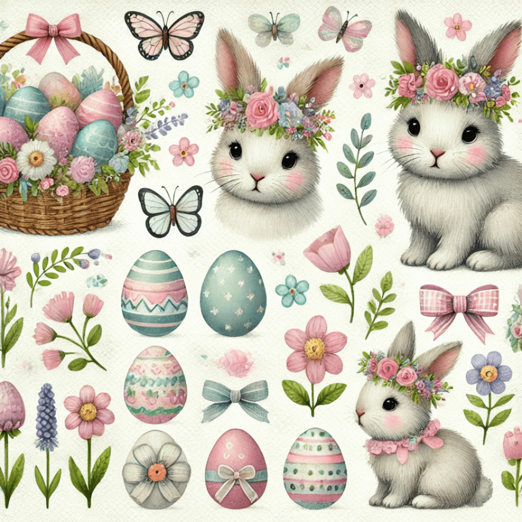 Dois coelhinhos de Páscoa vintage brincando entre ovos decorados e flores.