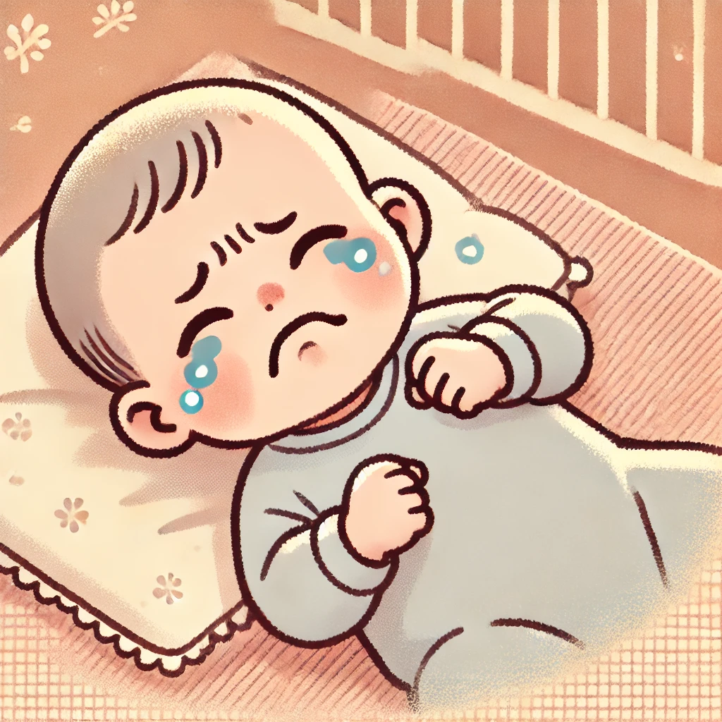 Ilustração de um bebê chorando com sinais de cólica, deitado em um berço aconchegante.