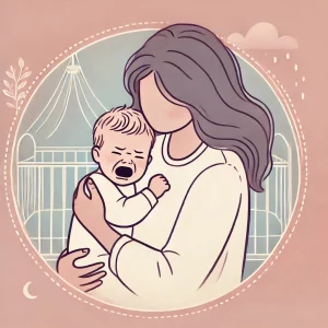 Ilustração de uma mãe segurando seu bebê no colo e tentando acalmá-lo da cólica.