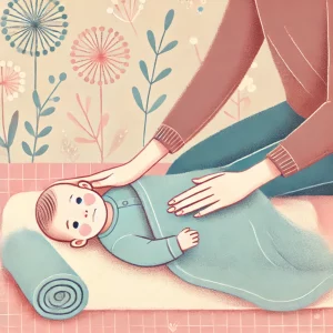 Ilustração de uma mãe massageando a barriguinha do bebê para aliviar gases e cólica.