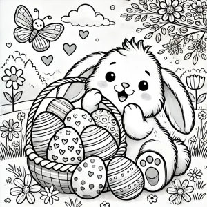 Desenho de crianças e coelhinhos em uma caça aos ovos de Páscoa para colorir.