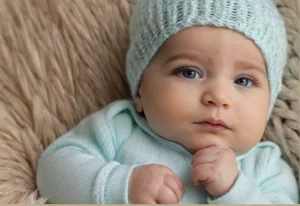 Bebê de olhos curiosos explorando o ambiente, representando a inteligência do nome Marco.