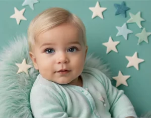 Bebê de olhos curiosos explorando o ambiente, representando a inteligência do nome César.