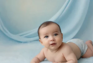Bebê de olhos curiosos explorando o ambiente, representando a inteligência do nome Cauã.