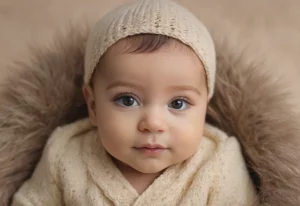 Bebê de olhos curiosos explorando o ambiente, representando a inteligência do nome Afonso.