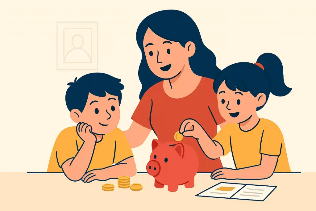 Família reunida em torno da mesa aprendendo sobre finanças com moedas e cofrinho