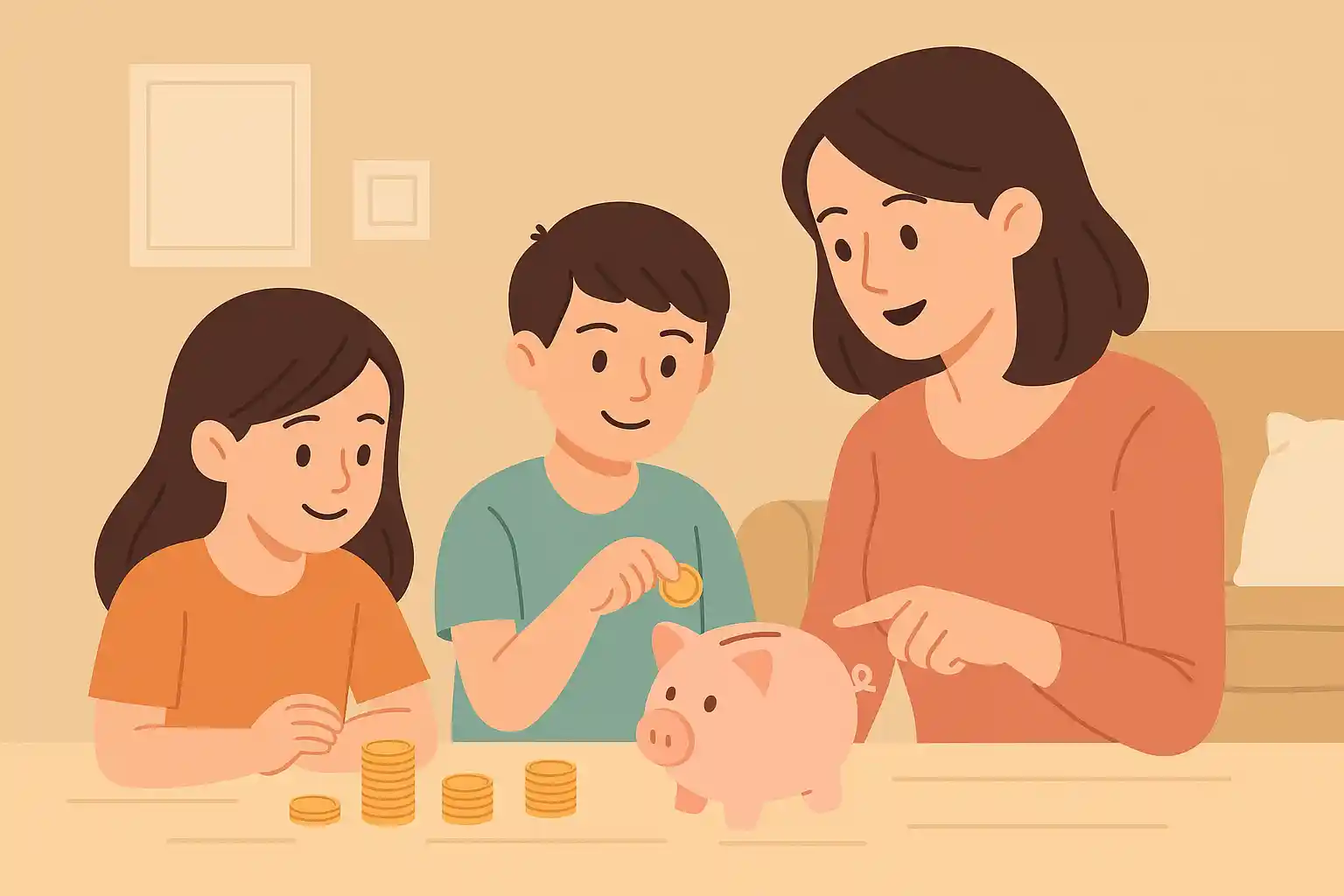 Família ensinando educação financeira com cofrinho e moedas em casa