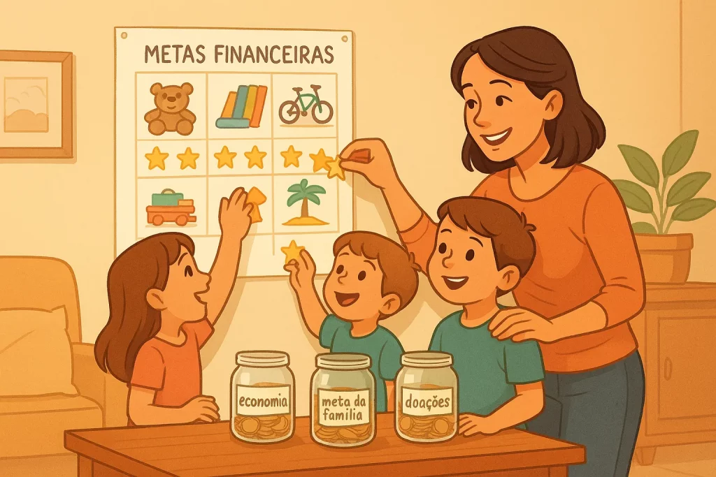 Família reunida mostrando como criar metas financeiras com crianças usando quadro de estrelas e potes de economia