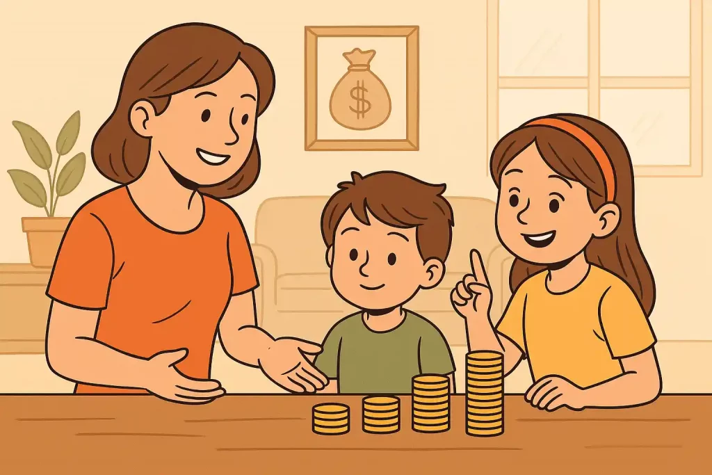 Ilustração de mãe ensinando educação financeira para os filhos com moedas na mesa