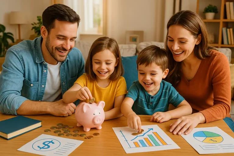 Família ensinando educação financeira em casa com cofrinho e moedas
