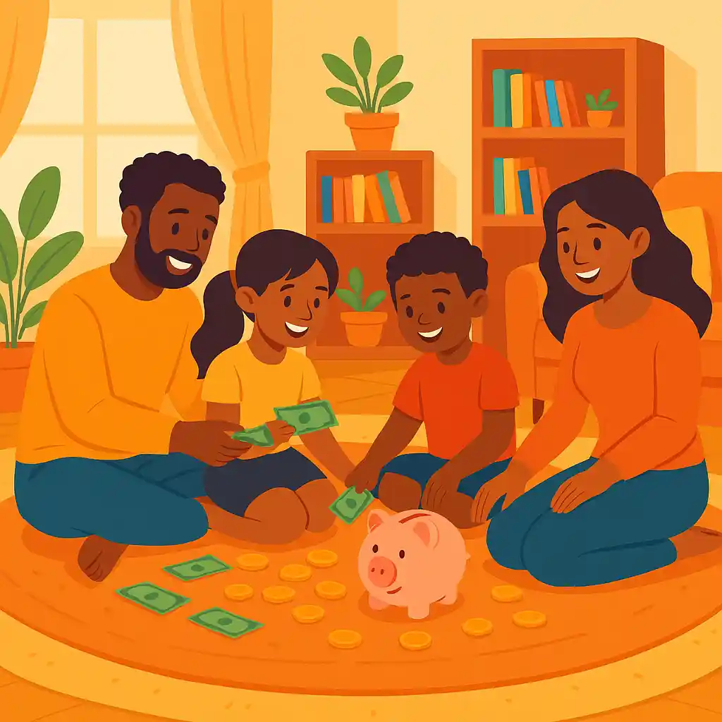 Família reunida em casa aprendendo sobre educação financeira de forma divertida