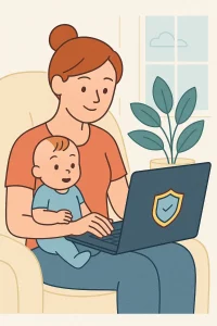 Mãe sentada com bebê no colo usando notebook com escudo digital