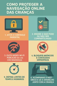 Infográfico com seis dicas para proteger crianças na internet