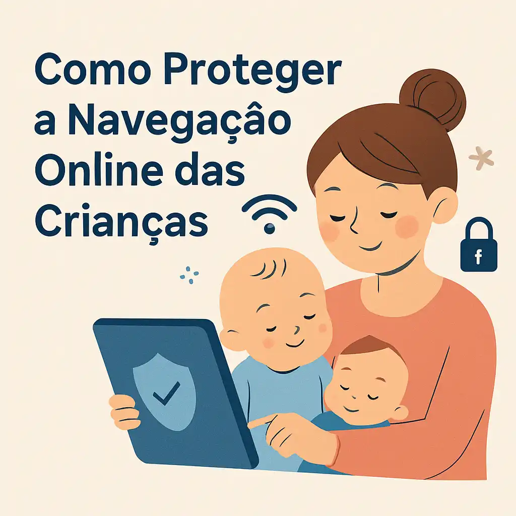 Mãe com dois filhos pequenos usando tablet com ícones de Wi-Fi e cadeado