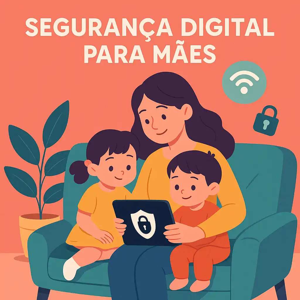 Mãe com duas crianças no sofá usando tablet com ícone de cadeado