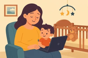 Mãe e filho usando notebook ao lado de berço e ursinho