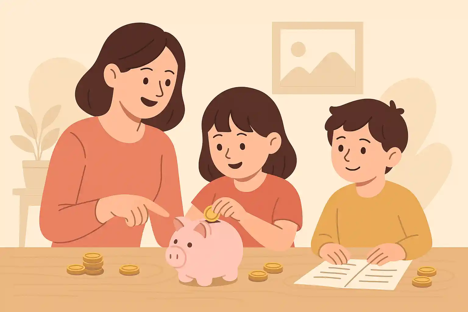 Mãe explicando educação financeira aos filhos com cofrinho sobre a mesa