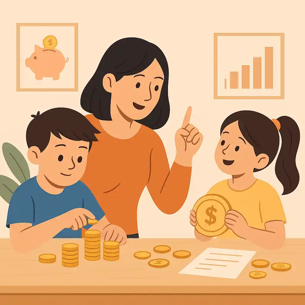 Mãe ensinando educação financeira aos filhos com moedas sobre a mesa