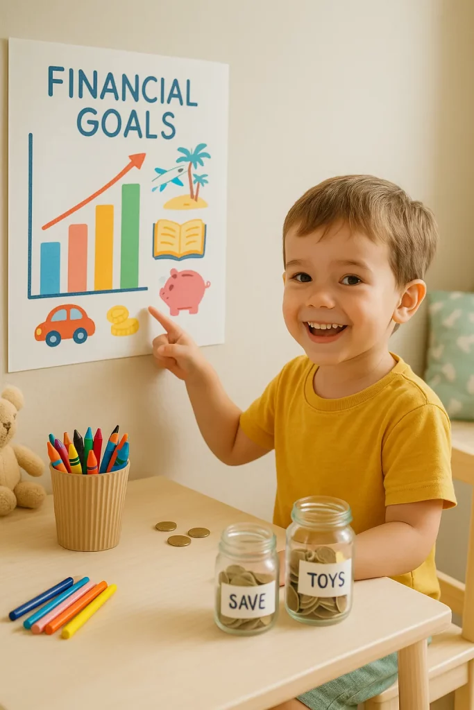 Menino aprendendo como criar metas financeiras com crianças usando potes e gráfico colorido