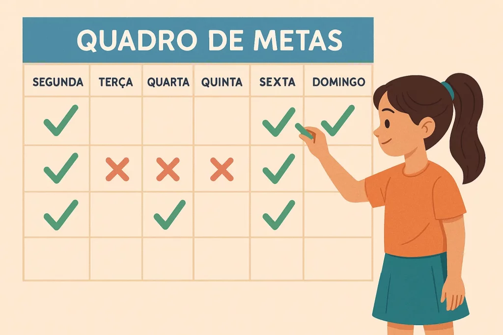 Como criar metas financeiras com crianças usando quadro de metas semanais ilustrado com dias da semana e checkmarks