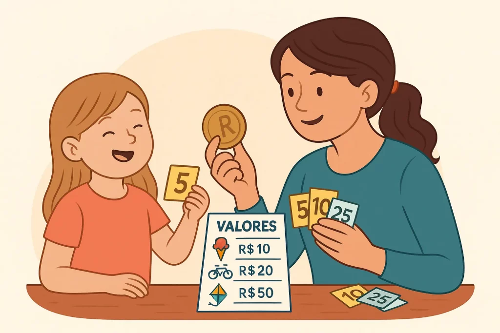 Como criar metas financeiras com crianças usando cartões de valores e itens de consumo