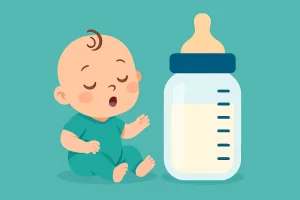 Bebê sentado ao lado de uma mamadeira com leite
